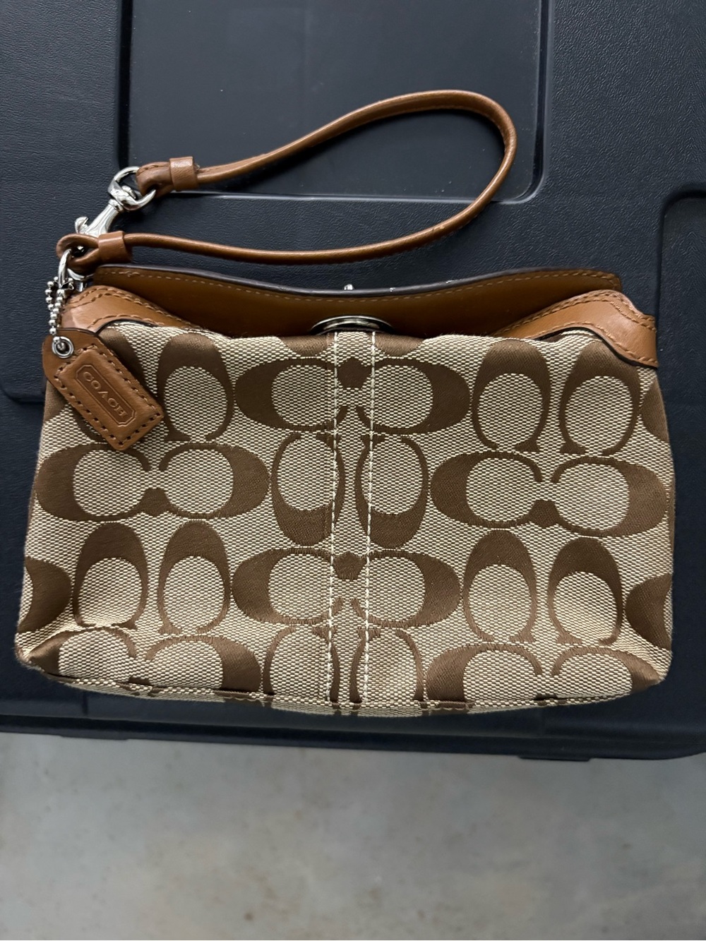 Coach Brown Signature Canvas Wristlet with Tan Trim